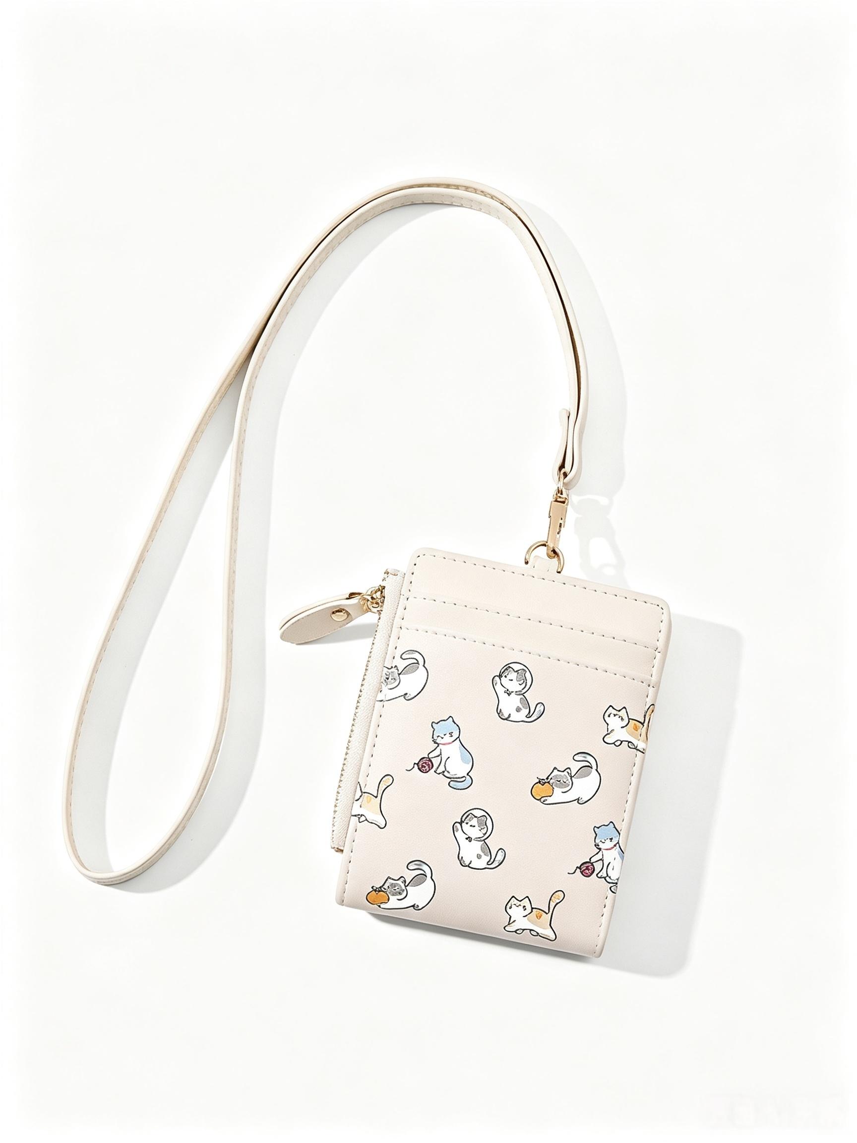1PC Commute Neck Lanyard Card Holder, Student Campus ID Badge Case, Cute Cat Foldable Zipper Coin Purse, Cash & Card Storage Pouch for Shopping & Trips