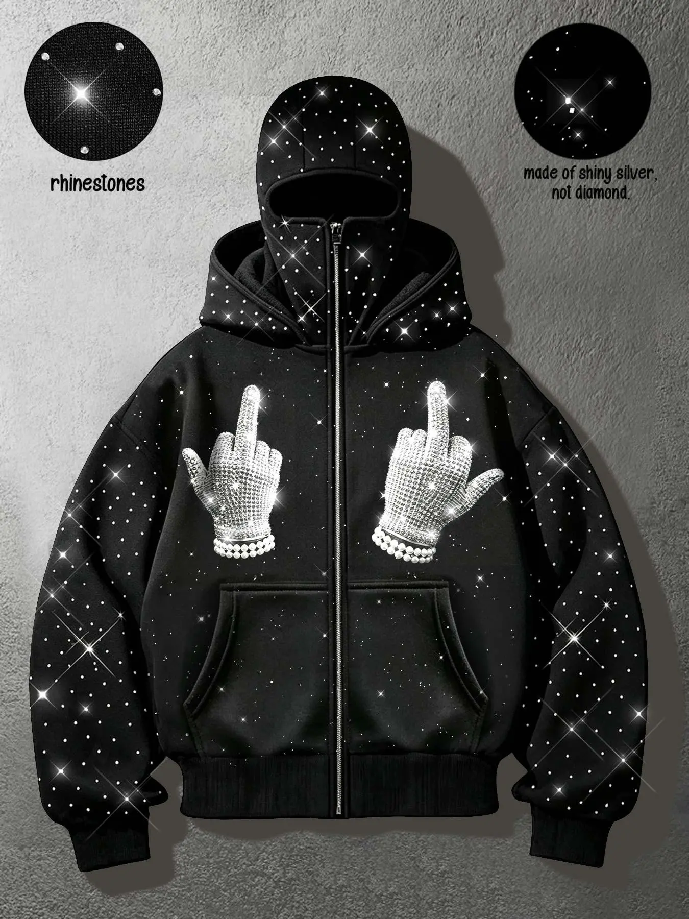 Y2K Rhinestone Balaclava Zip Up Baggy Hoodie, Unisex Shiny Diamond Middle Finger Gloves Graphic Warm Fleece Jacket, Double Hood Hip Hop Streetwear Black Sweatshirt