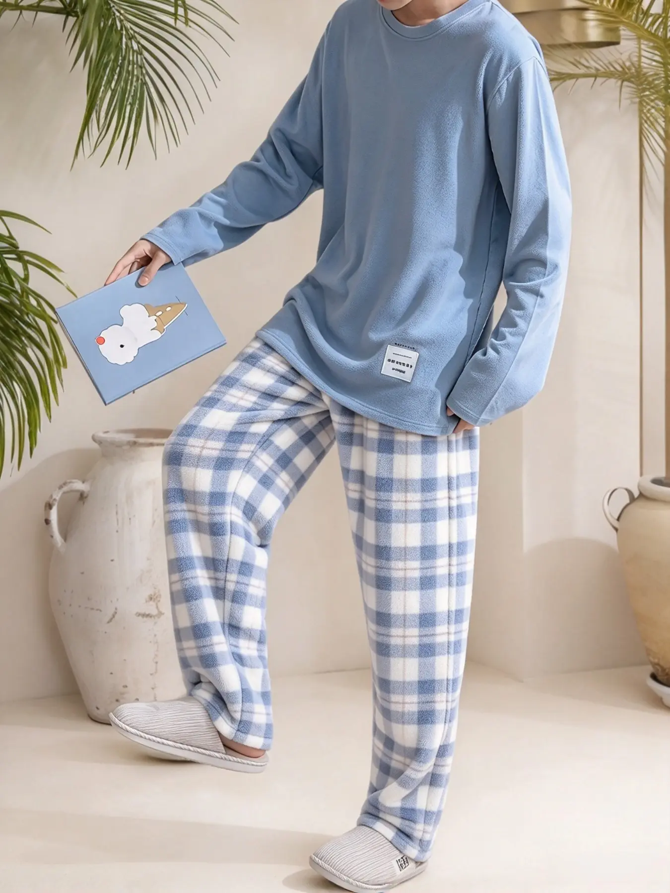 Flannel Long Sleeve Sleep Pants, Soft Warm Flannel Pajamas for Boys, Loose-Fit Casual Winter Home Wear, Ideal Gift for Back-To-School & Christmas, Pajama Sleepwear