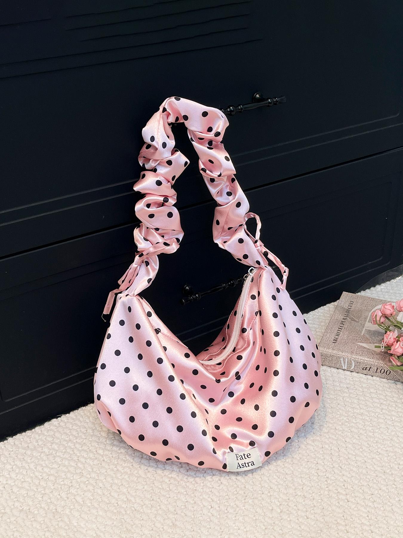 1pc Ladies' cute polka dot shoulder bag, pleated elastic shoulder strap design, aesthetic retro cloud bag with "Fate Astra" label, sweet casual daily perfect for spring and summer wear