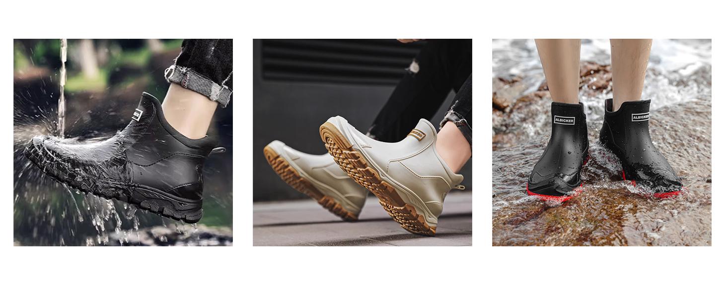 Unisex stylish waterproof rain boots, pull-on rubber outsole, comfortable fabric lining, for outdoor activities, water sports and casual wear, pull-on shoes |         Classic boot design |         Comfortable lining, waterproof shoes