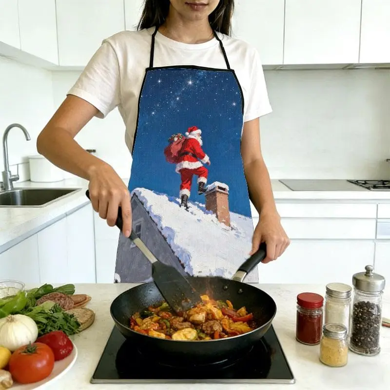 Festive Santa Claus Print Kitchen Apron, Featuring Santa in Classic Red & White Attire Carrying Gift Sack on Snowy Rooftop With Starry Night Sky Pattern, Multiple Specifications Available, New Stylish Design for Cooking & Holiday Daily Kitchen Use
