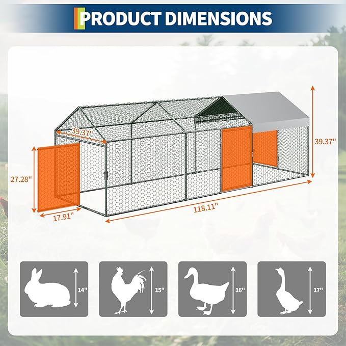 Large Metal Chicken Coop with Run,Walk in Chicken Runs for Outdoor Backyard, Heavy Duty Poultry Pen with Security Lock & Anti-UV Cover, Tri-Supporting Wire Mesh
