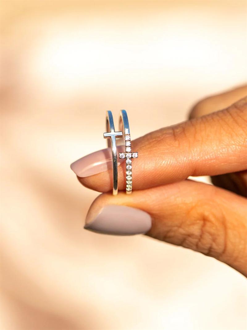 Rhinestone Decor Cross Design Double Layered Ring, Stackable Rings, Fashion Jewelry Accessories for Women & Girls, Matching Jewelry