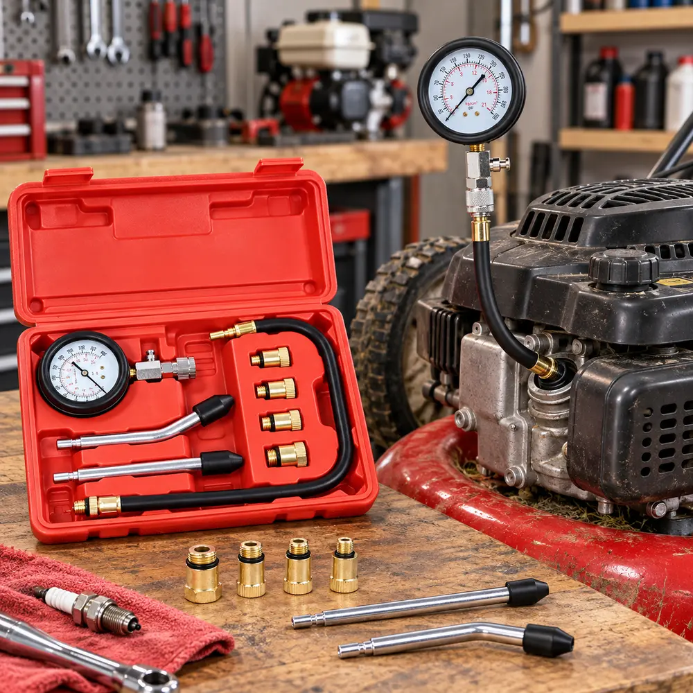 Universal petrol engine compression test tool kit, for fast cylinder pressure diagnosis, helps check piston ring valve and gasket issues, for trucks mowers and gasoline engines, shockproof wear-resistant gauge housing