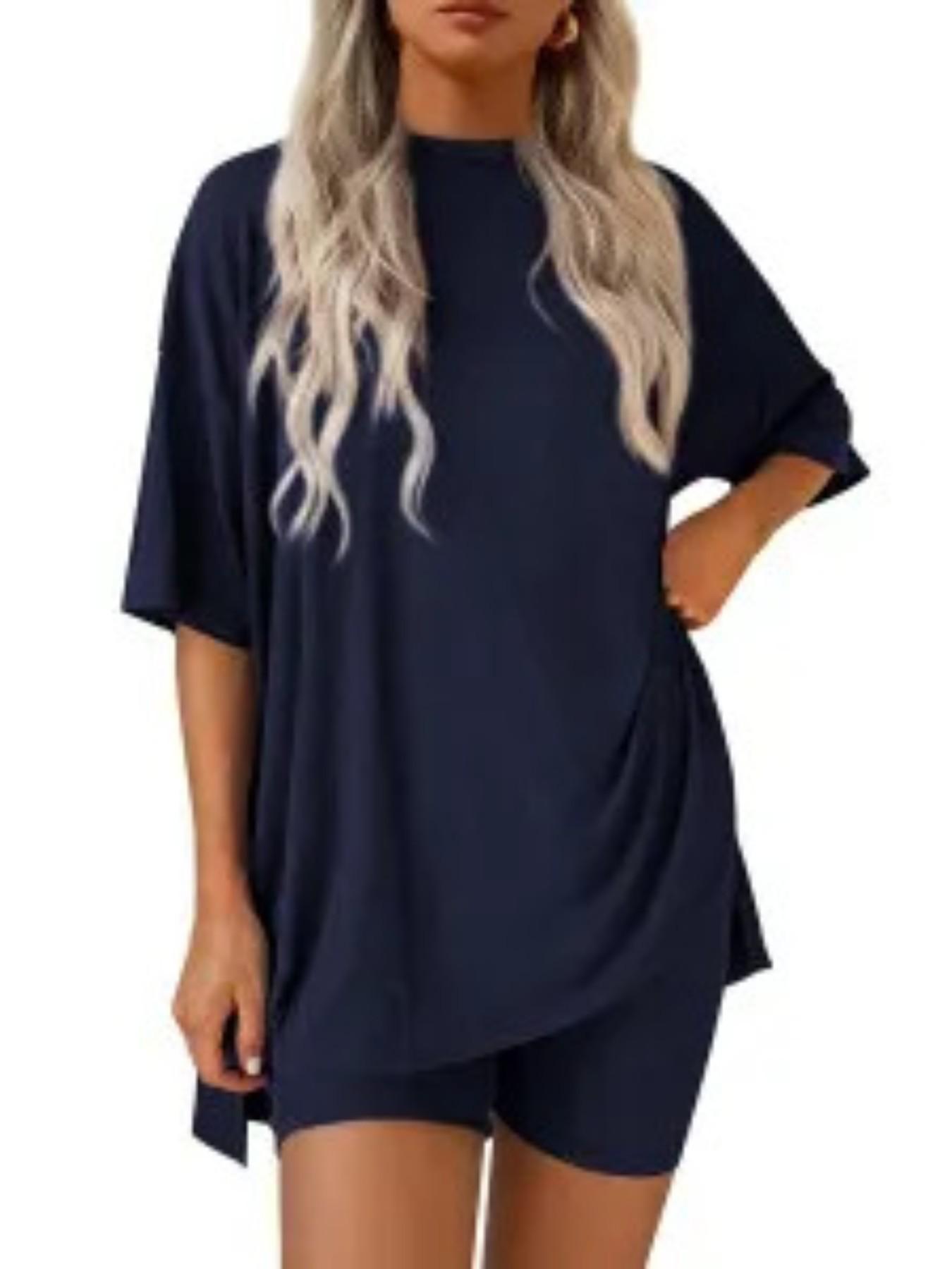 Women's Two Piece Lounge Set Summer Casual Oversized Shirts Biker Shorts Indoor Outdoor Casual Set