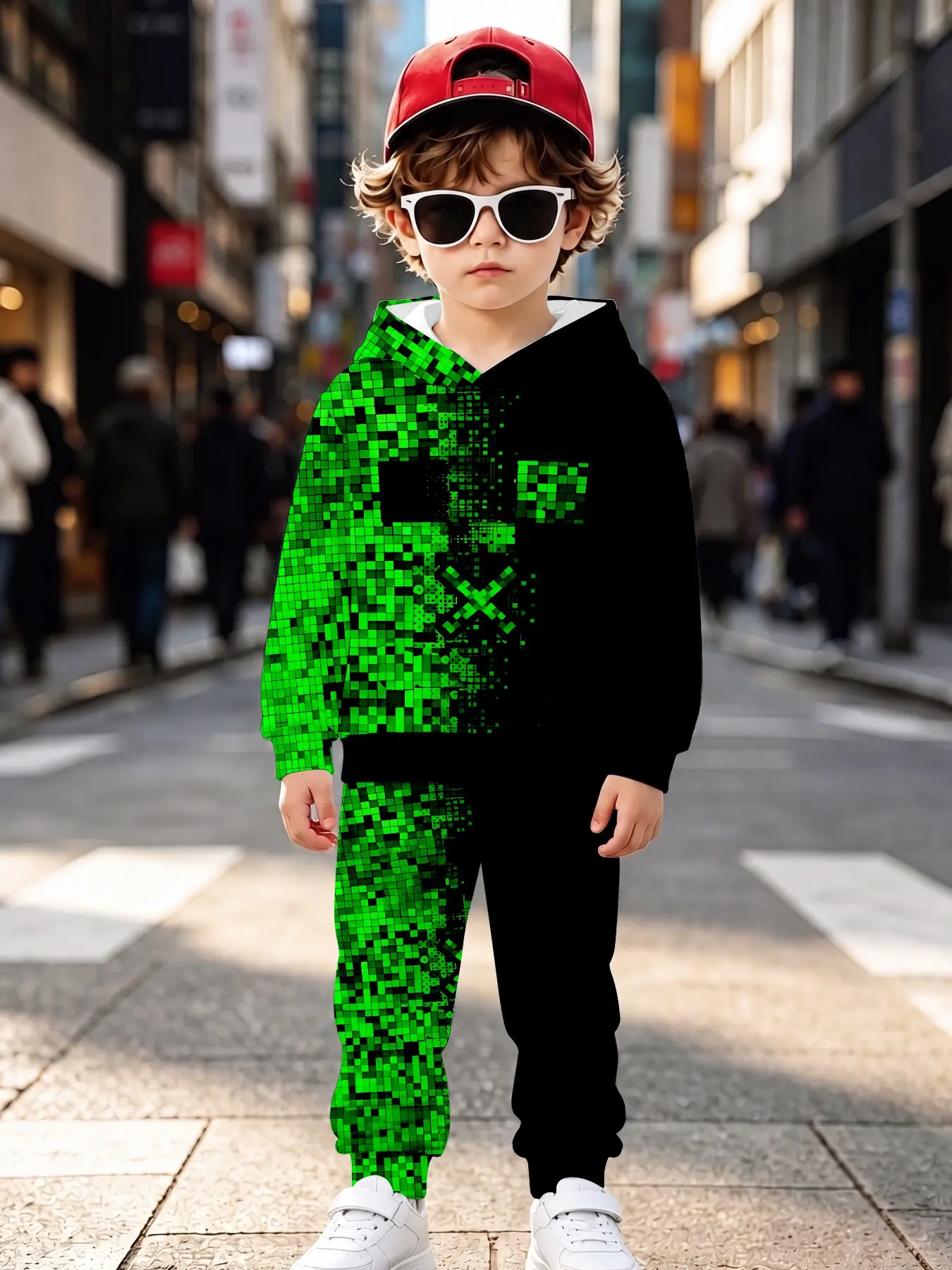Minecraft Game Style Hoodie Set, Gradient Pixel Cuffed Pants, Cartoon Print, Long Sleeve, Loose Fit, Fall & Winter Casual for Boys