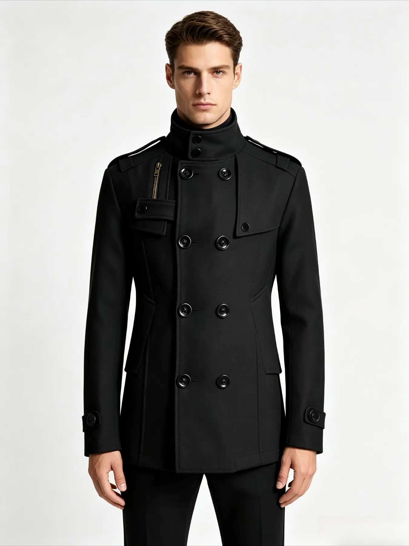Men's practical work jackets and coats, business jackets, everyday workwear, men's work safety clothing Men's Stand Collar Double Breasted Coat, Slim Fit Mid Length Style Jacket Vintage Windproof Business Outerwear For Autumn Winter Slim