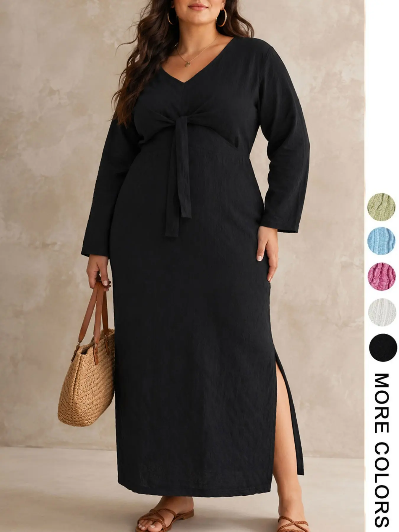 Plus Size Elegant Chic Style Feminine Dress – Womenswear V Neck Tie Waist Adjustable Long Sleeve Gown, Party Evening Essential, Slim Fit, Solid, Spring & Fall Fashion, Plus Size Dresses