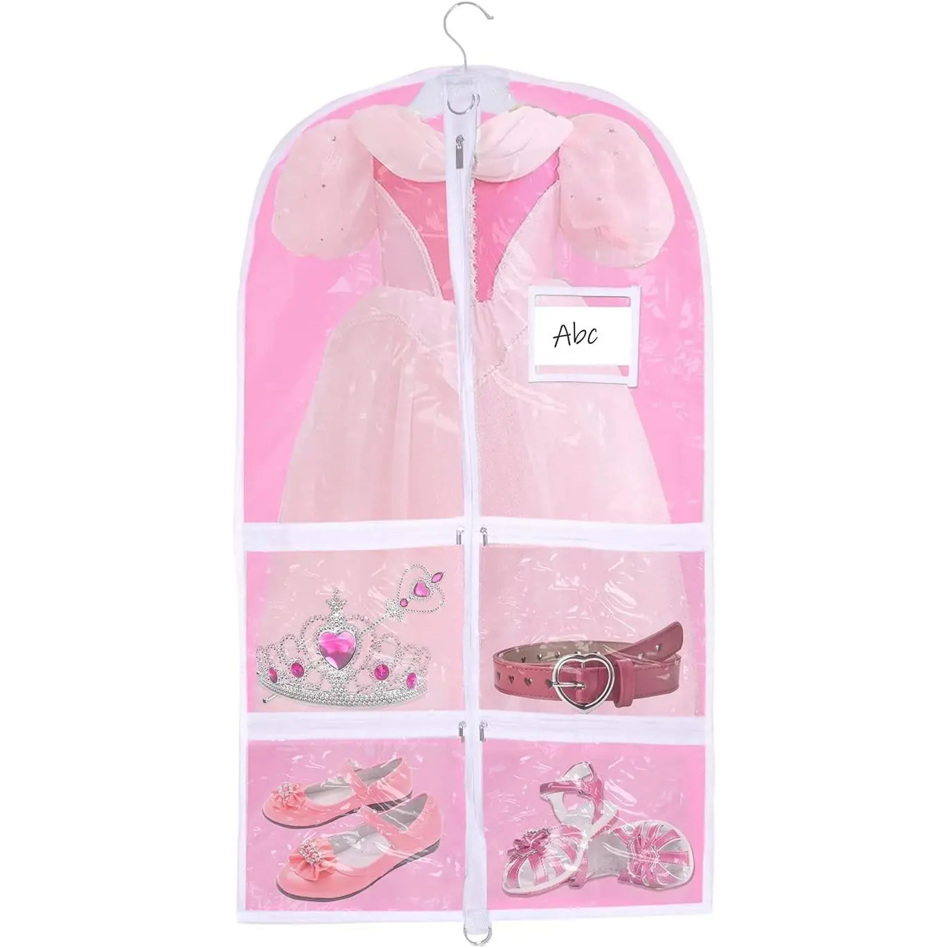 Pink Kids Dance Garment Bag for Hanging Clothes,37 Inch Waterproof PVC Travel Garment Bag with 3 Pockets for Dance Costumes,Sports,Skating,Theatre,Beauty Pageants & More