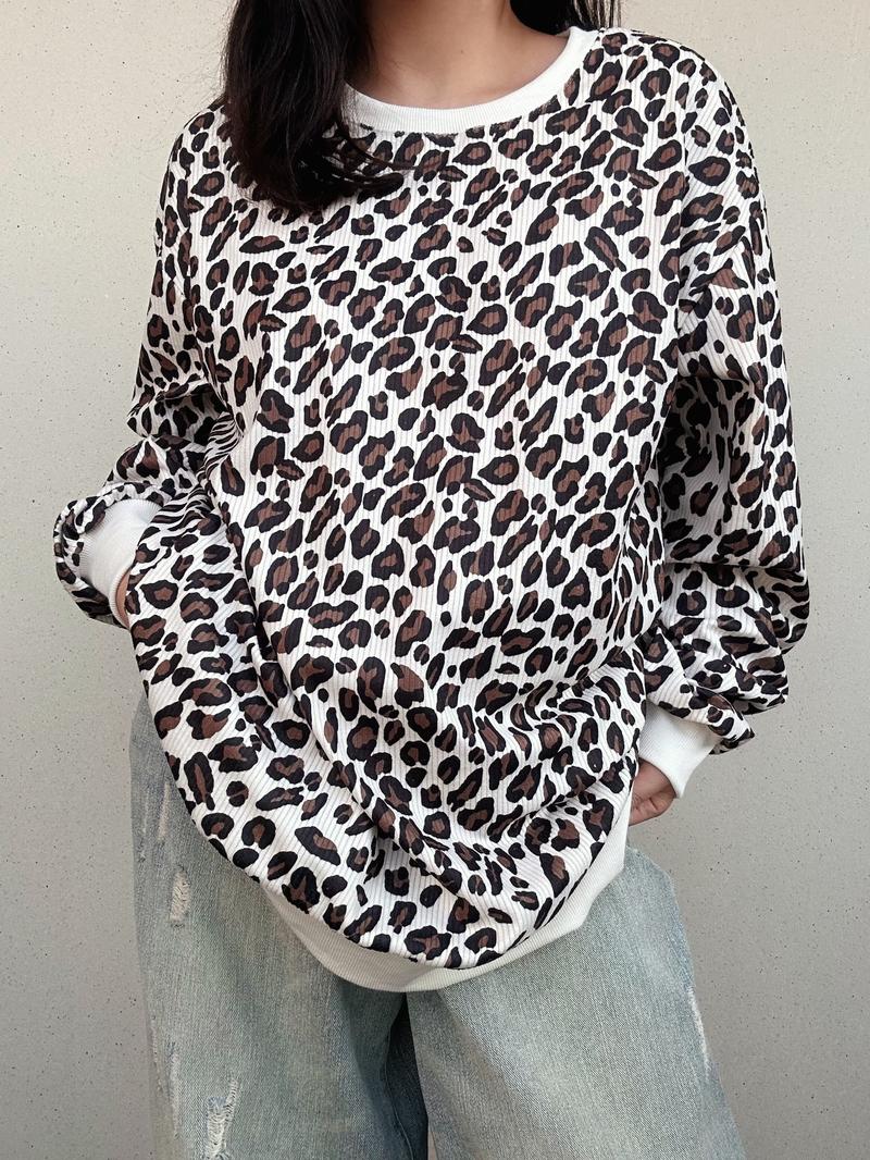 Women Loose Fit Round Neck Corduroy Leopard Print Ribbed Sweatshirt,Long Sleeve Tops,Fall Clothes,Back To School Clothes