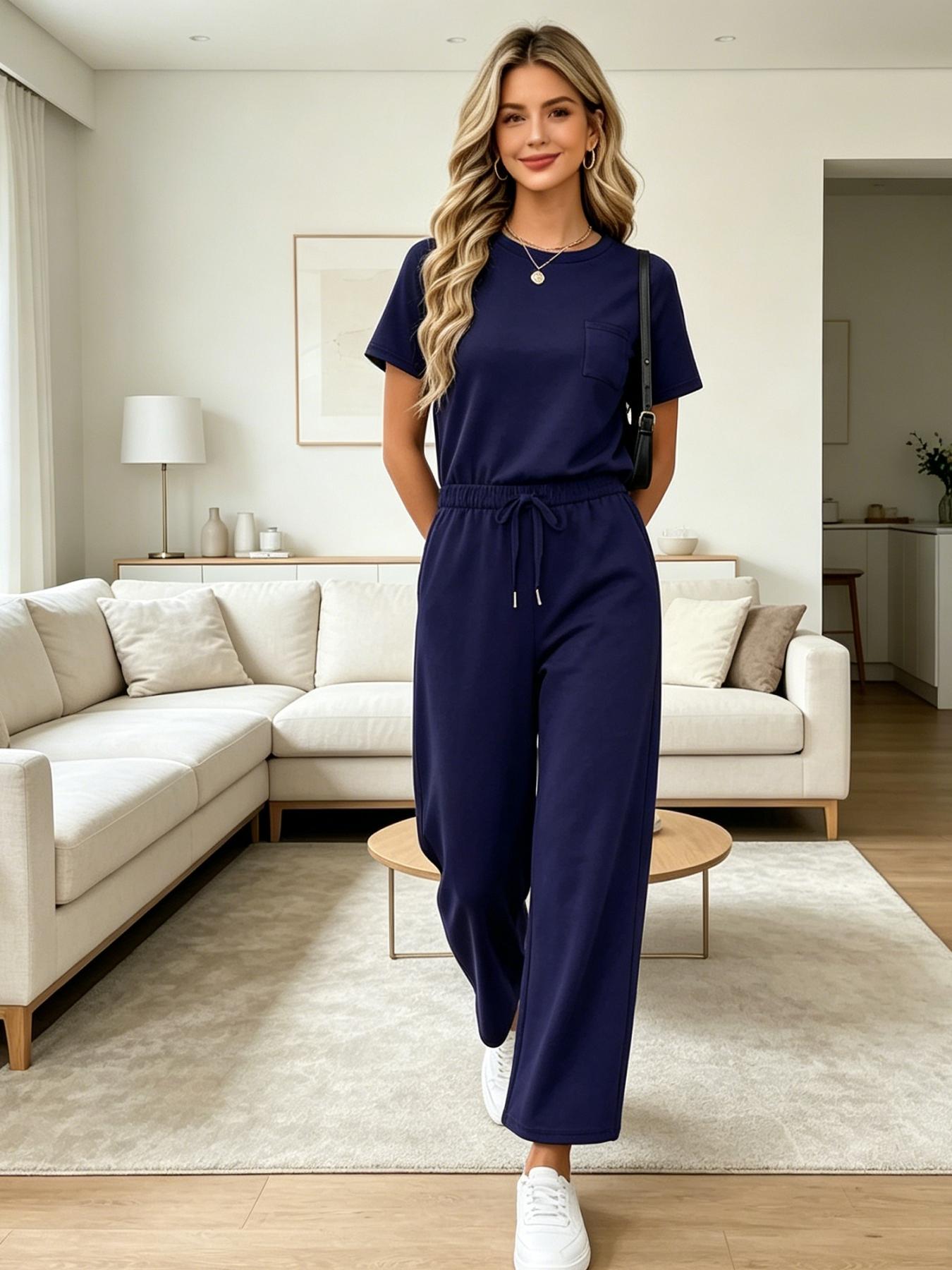 Women's Fashion Solid Color Casual Round Neck Pocket T-Shirt + Drawstring Wide Leg Pants Set Loose Fit Slimming Wide Leg Pants Two-Piece Set Suitable for Summer Commuting to Work Shopping Outings Indoor and Outdoor Wear