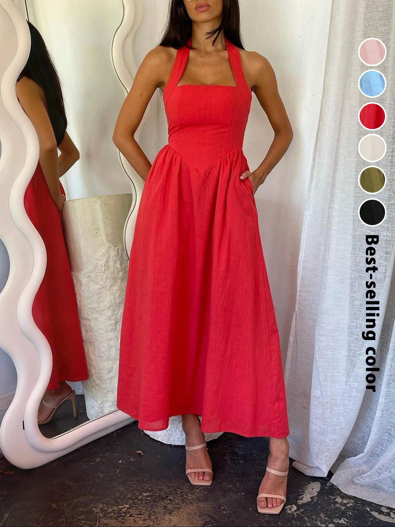 Women's Plain Pocket Zipper Back Dress, Casual Sleeveless Halter Neck A Line Dress for Summer, Ladies Clothes for Beach Holiday, Brunch Dresses, Casual Wear