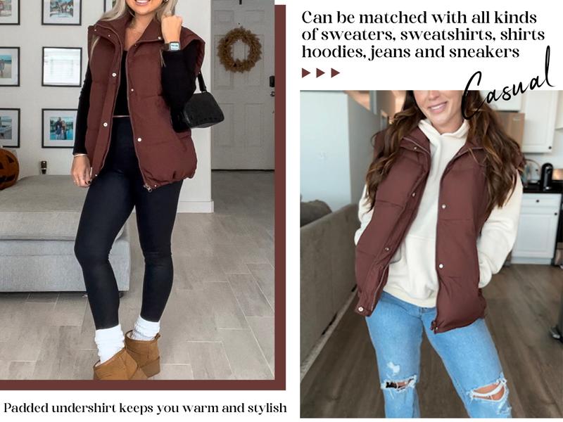 Hixiaohe Womens Casual Oversized Puffer Vest Stand Collar Full Zip Sleeveless Bubble Puffer Vest Quilted Padded Warm Coat Outwear TikTokShopBlackFriday