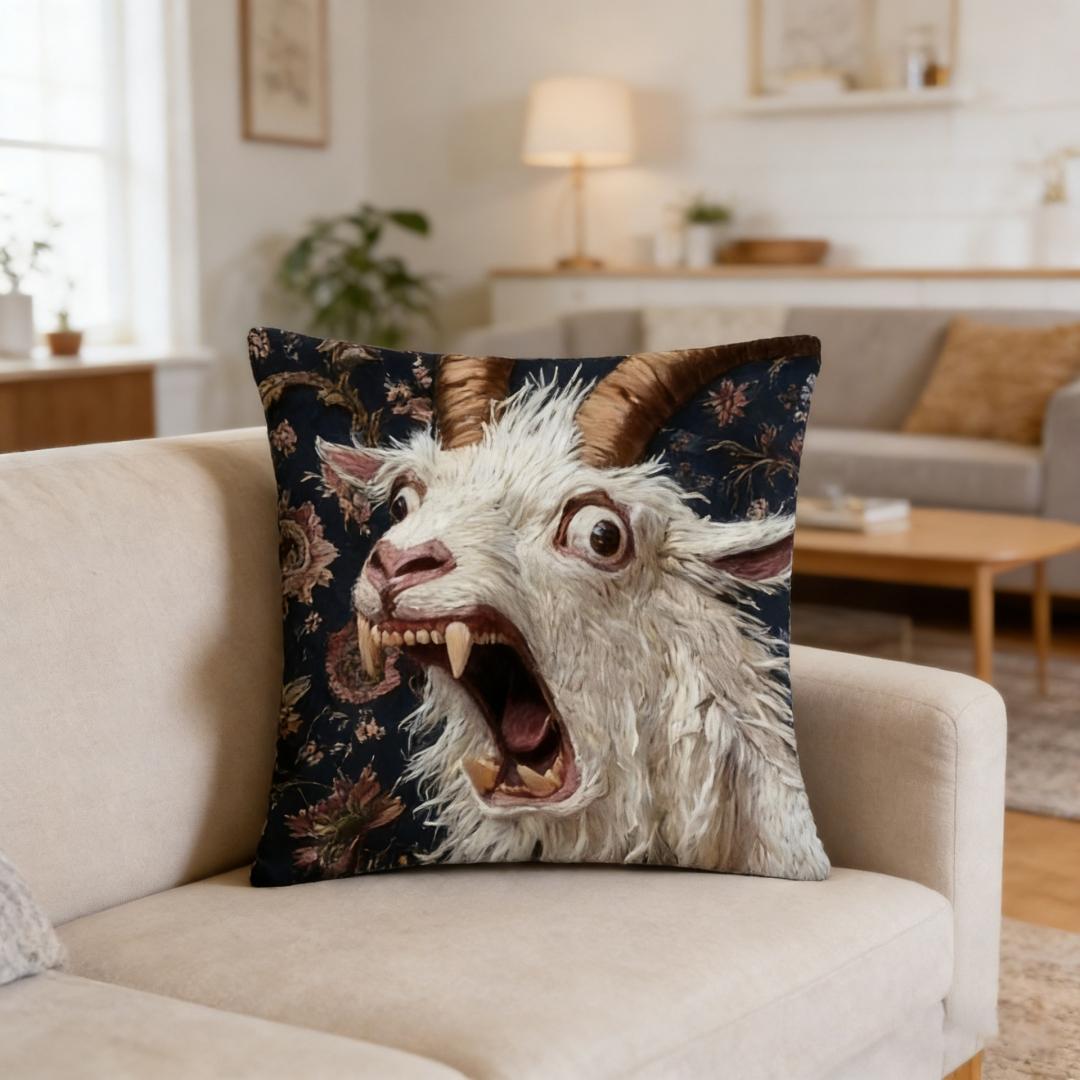 Funny Screaming Goat Embroidered Throw Pillow, Vintage Floral Black Background Decorative Cushion, Viral TikTok Home Decor, Cute Animal Pillow for Couch, Bed, Office Chair