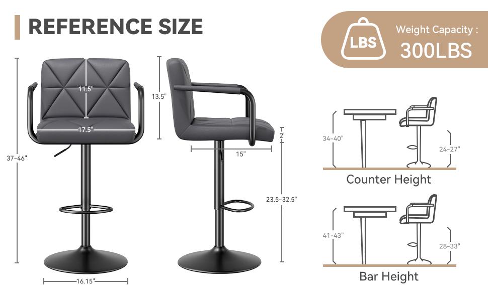 Modern Bar Stools Set of 2 Upholstered Faux Leather Barstools with Back and Arms Height Adjustable Bar Chairs Waterproof Counter Barstools for Kitchen Bar Dinning Room, Black