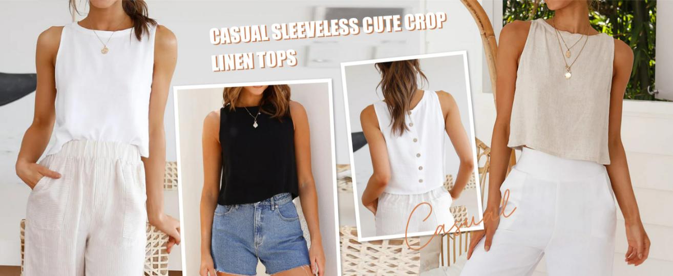 IDEALSANXUN Womens Linen Crop Tank Tops Cute Summer Tops for Women Summer Outfits Sleeveless Crop Tops for Women Summer Tops for Women 2026 Tops for Women Trendy  Beach Vacation Clothes for Women High Neck Tank Tops for Women Flowy Crop Tops Linen Blouses