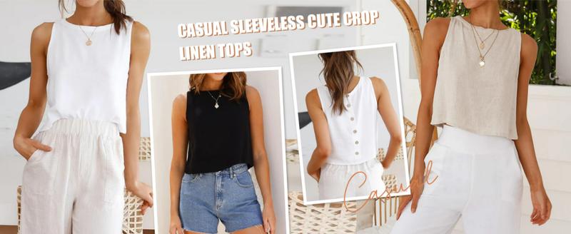 IDEALSANXUN Womens Linen Crop Tank Tops Cute Summer Tops for Women Summer Outfits Sleeveless Crop Tops for Women Summer Tops for Women 2026 Tops for Women Trendy  Beach Vacation Clothes for Women High Neck Tank Tops for Women Flowy Crop Tops Linen Blouses