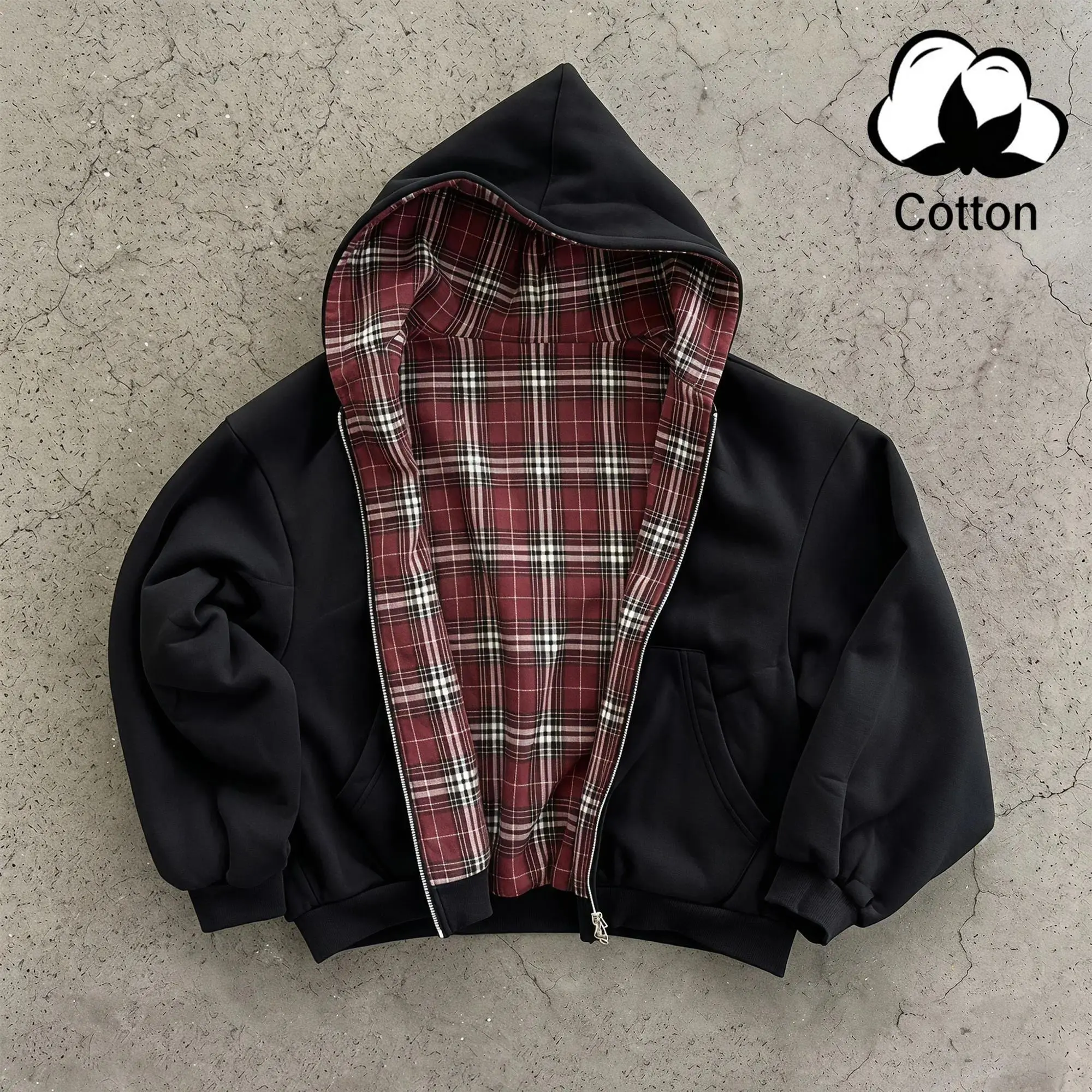 Unisex cotton zip-up hooded jacket, plaid reversible sweatshirt outerwear with pockets, loose street-style design, suitable for everyday wear, travel, and outdoor leisure.