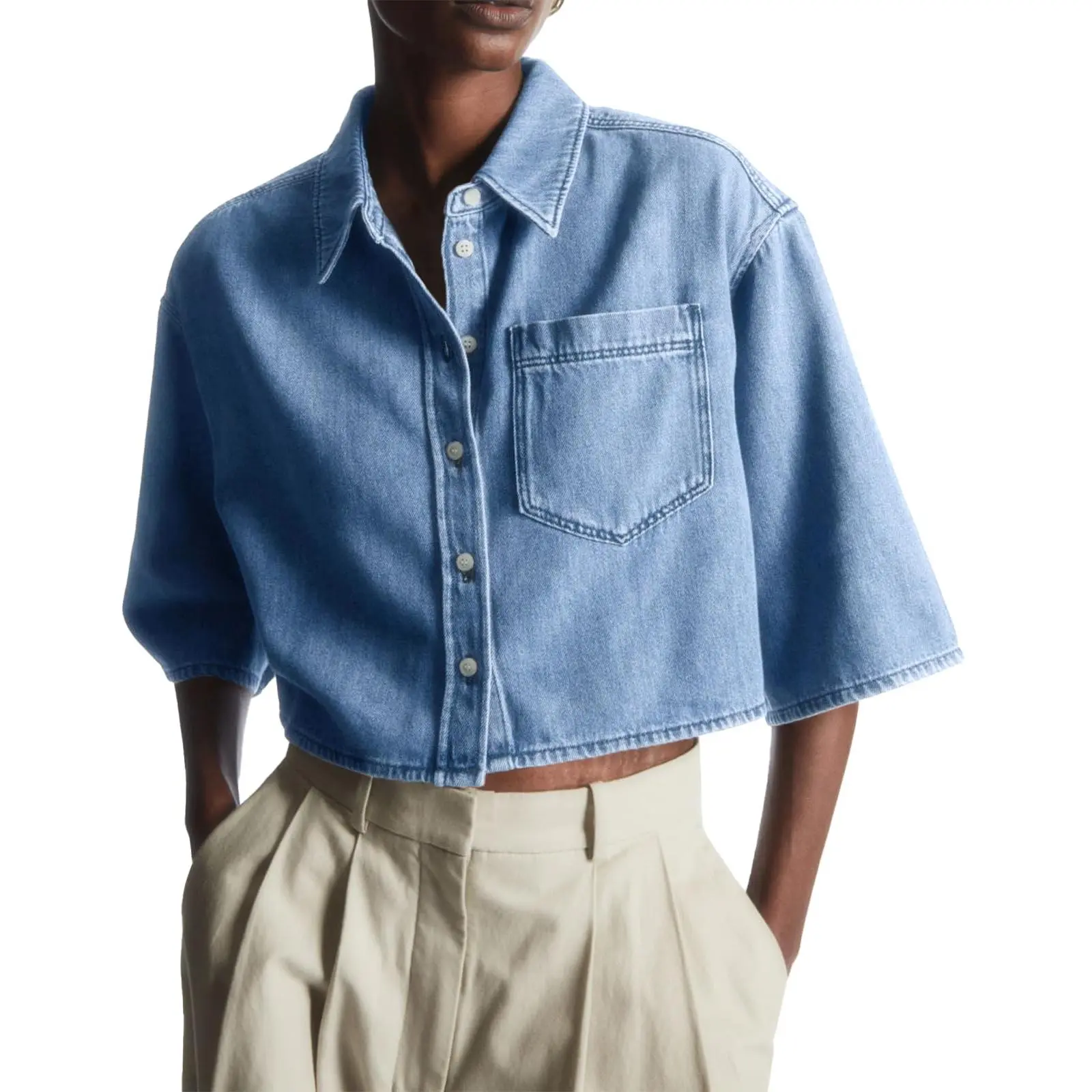 Tankaneo Womens Crop Denim Shirt Half Sleeve Button Down Short Jean Jacket with Pocket