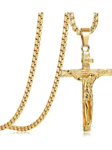 Cross Necklace for Men Women Stainless Steel Jesus Crucifix Cross Pendant Venetian Chain 61 CM Cuban Link Chain Silver/Gold/Black Religious Jewellery Gift