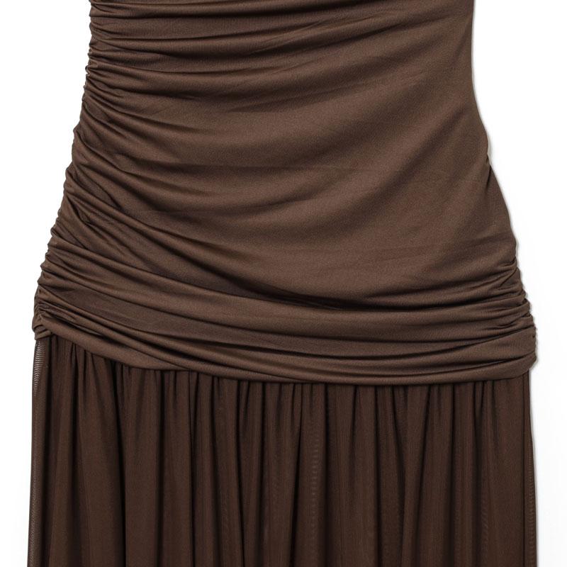 Women's Summer Long Dress Chocolate Brown Mesh Ruched Midi Dress Sleeveless Mock Neck Design Elegant Trendy 2025 new Evening Party Outfit Pleated Hem Women’s Fashion Chiffon Lace Dress