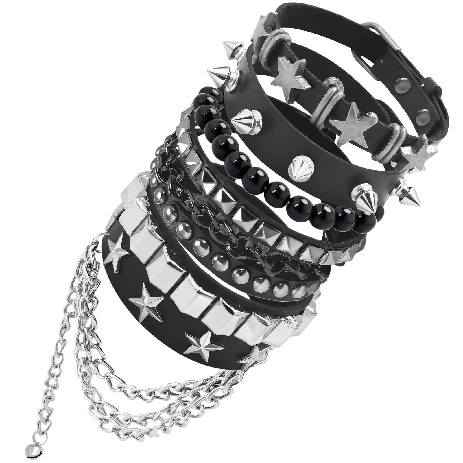 5Pcs Gothic Leather Rivet Spike Studded Bracelets Set, Punk Rock Studded Bracelet for Women Men Retro Black PU Leather Cuff Wristband Bangle Halloween Y2K Star Accessories Tassel Chain Wide Bracelet Jewelry
