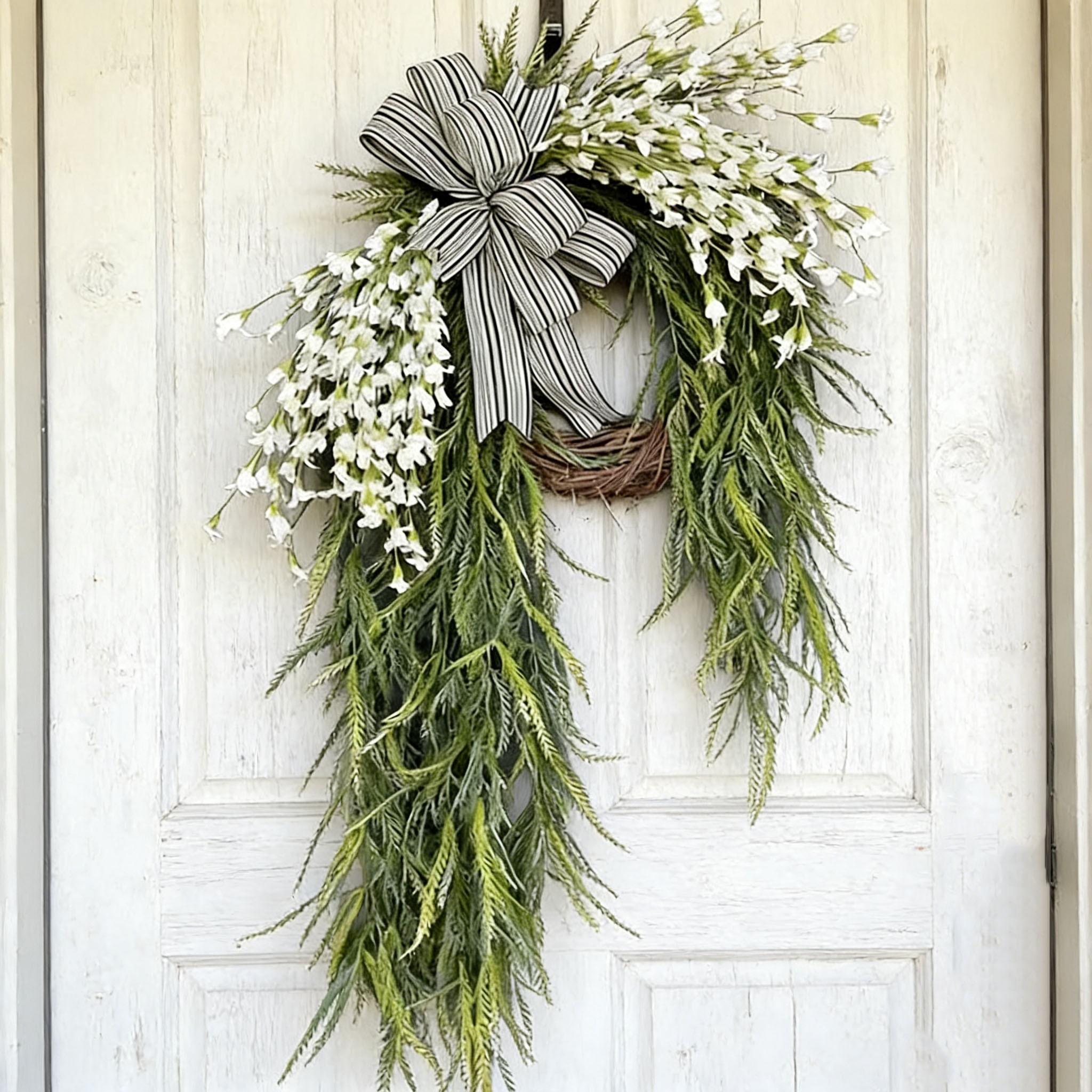 Spring Summer Front Door Decorative Wreath, Realistic Bell Flower Drip Tear Drop Door Knocker, Striped Bow, Plant Woven Wreath