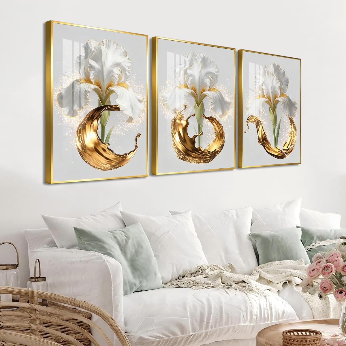 3 Counts Aluminum Alloy Framed Painting, Elegant White Iris And Golden Splash Art Pictures, Home Decoration For Living Room, Bedroom, Office, Restaurant, Hallway Wall Decor, Odorless Print Artwork, Luxury Perfect Gift For Friends And Family