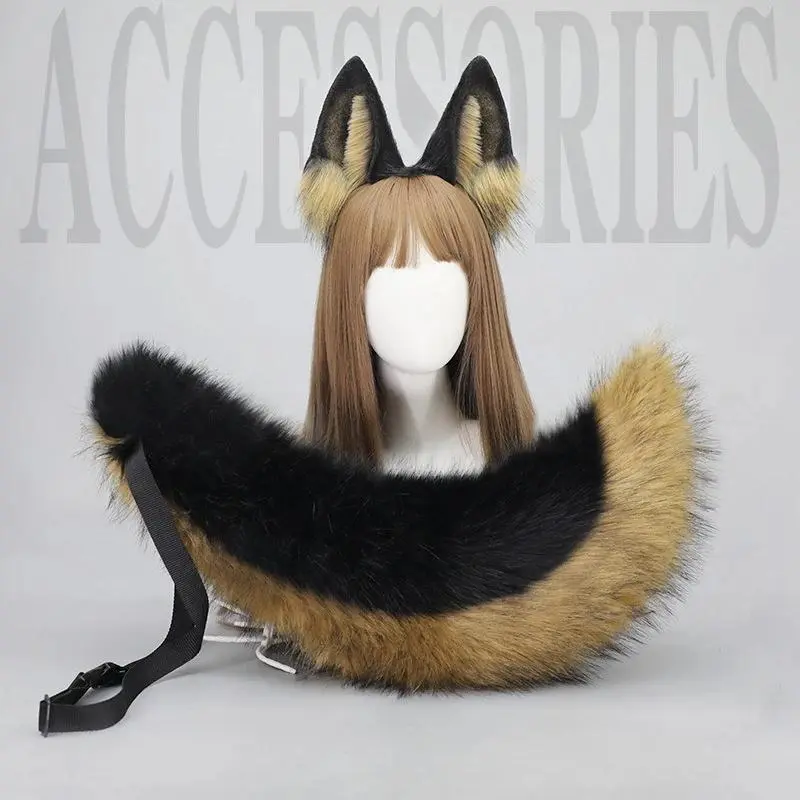 Cosplay Wolf Dog Ears HairBand Ears Beast Tail Dress Up Party Headdress Black-backed Wolf Ears Headband Dog Tail Accessories Set