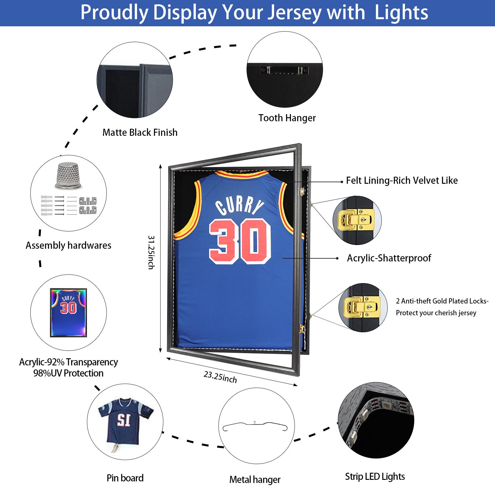 LED Jersey Frame Display Case - Jersey case with led Lights - Large Lockable Frames Shadow Box with UV Protection for Baseball Basketball Football Soccer Hockey Sport Shirt, Black LED Jersey Frame Display Case - Jersey case with led Lights - Large Lockable Frames Shadow Box with UV Protection for Baseball Basketball Football Soccer Hockey Sport Shirt, Black