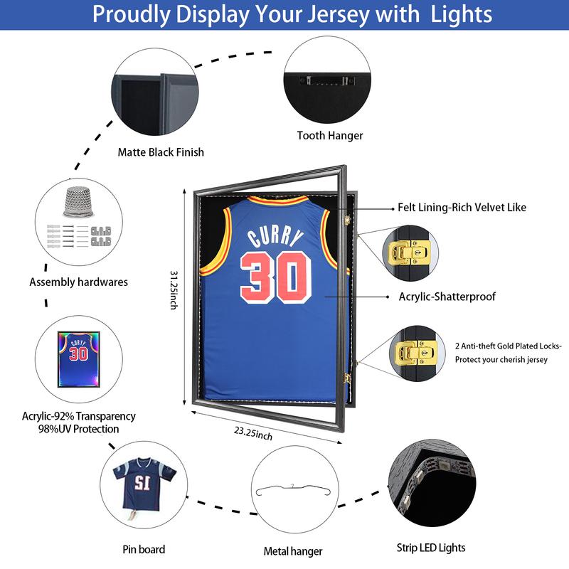 LED Jersey Frame Display Case - Jersey case with led Lights - Large Lockable Frames Shadow Box with UV Protection for Baseball Basketball Football Soccer Hockey Sport Shirt, Black