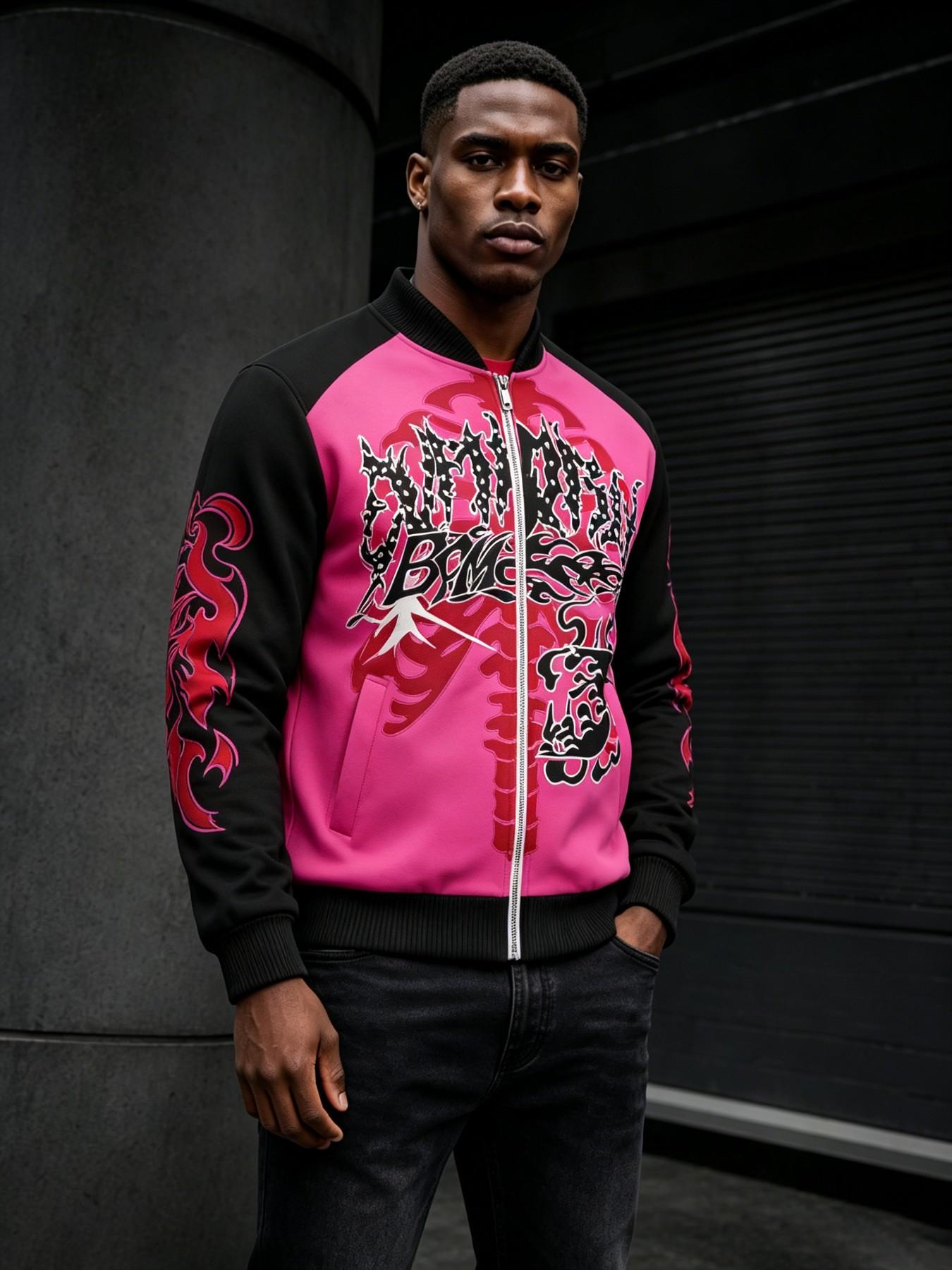 Men's Skull Flame Pattern Zipper Jacket, Retro Graffiti Letter Print, Windproof Baseball Collar, Fall Winter Outerwear