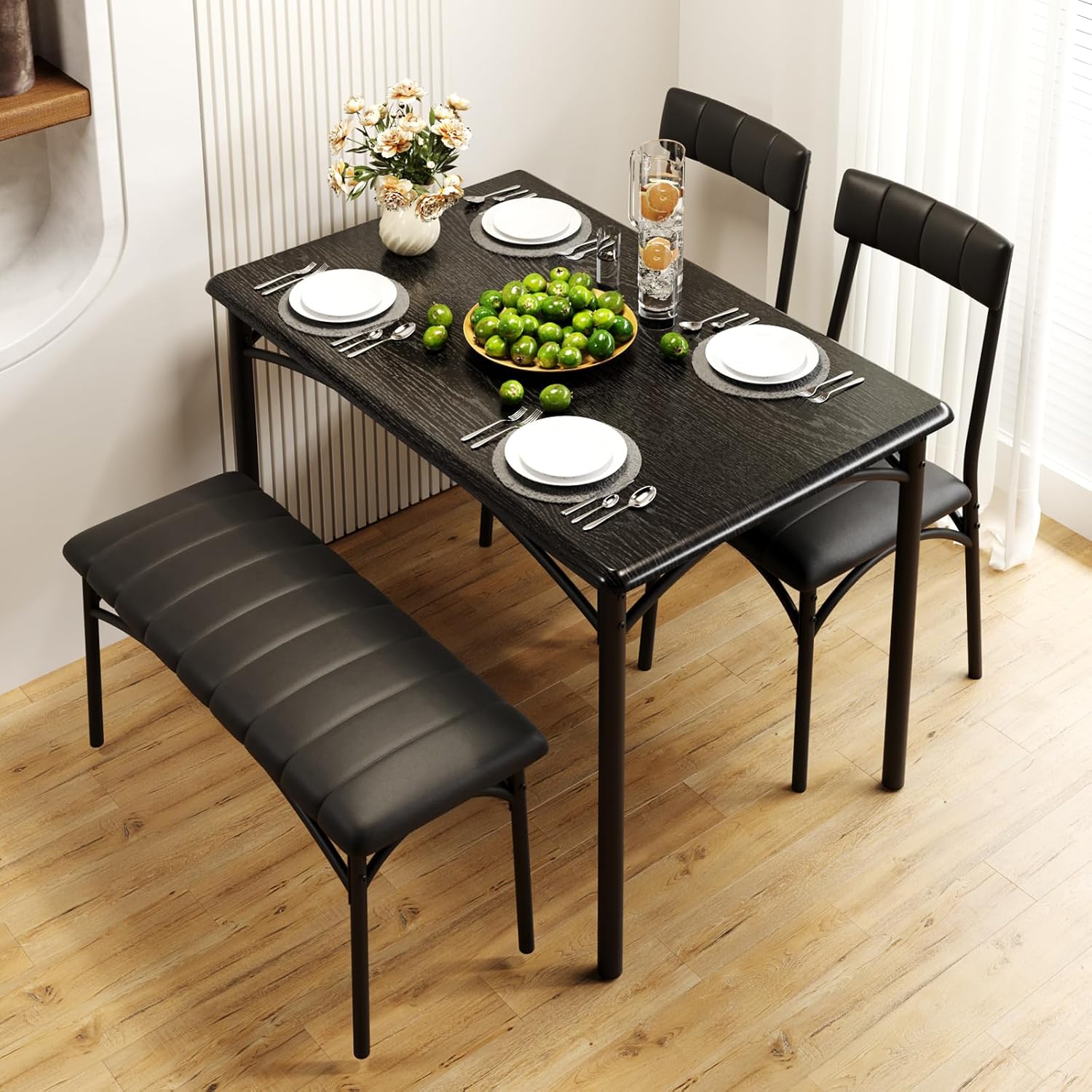 4-Piece Dining Set for 4 with Table, 2 Chairs & Upholstered Bench, Rectangular Wood Kitchen Table for Small Spaces, Apartments & Breakfast Nook