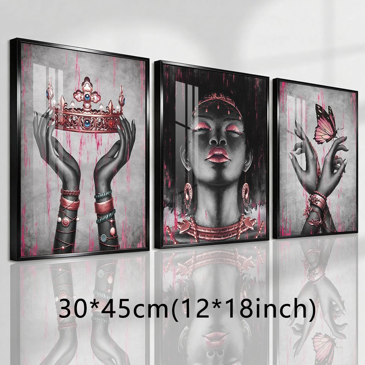 3 Counts Aluminum Alloy Framed Painting, Elegant Black And Pink Crown Butterfly Lady Artwork, Home Decoration For Living Room, Bedroom, Office, Restaurant, Hallway Wall Decor, Odorless Print Artwork, Luxury Perfect Gift For Friends And Family
