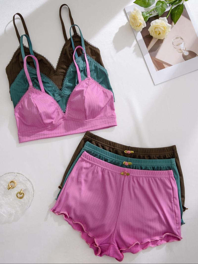 Women's Wireless Bra & Lettuce Trim Shorts Underwear Set, Summer Outfits 2024, Adjustable Strap Bra & Elastic Waist Shorts, Soft Comfy Breathable Underwear Set for Women