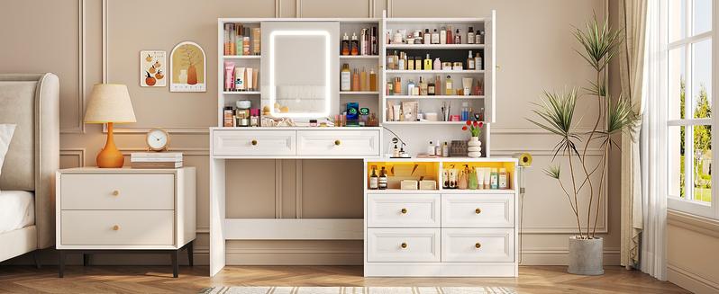 Vabches 58.6" Large Vanity Desk with Sliding Mirror & Lights, Black Makeup Vanity Table & Nightstand Combo with Power Outlet and 6 Drawers 15 Shelves with Light Strips for Bedroom Dressing Room