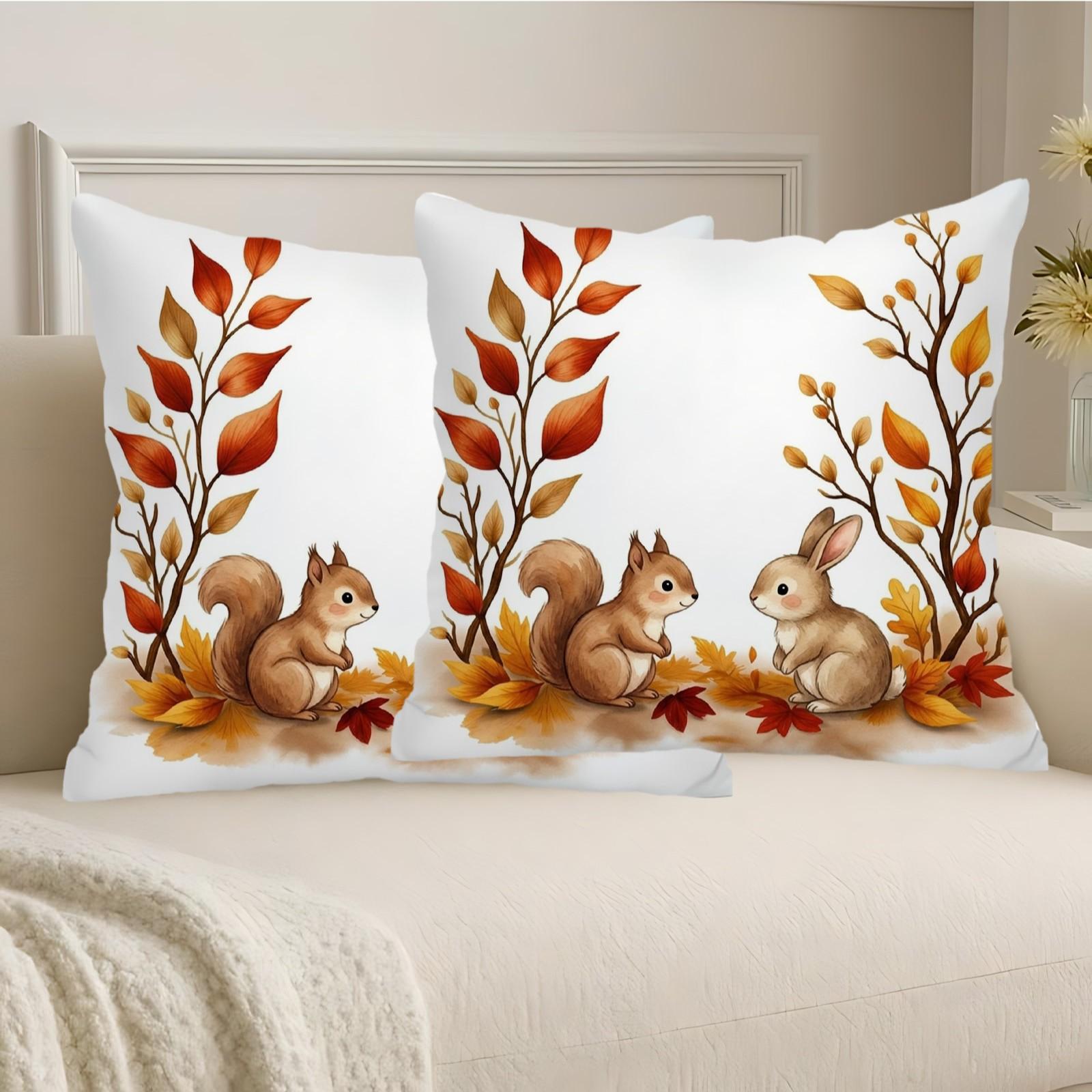 Autumn Squirrel & Rabbit Leaves Pillow Cover, Decorative Throw Pillows for Home Decoration, Fall-Themed Bedroom Accessories
