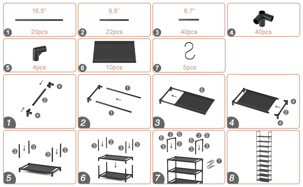 9 Tiers Shoe Rack Organizer,  Max Holds 55 Pairs, Metal Shoe Storage, Shelf with Hooks for Entryway, Garage, Black