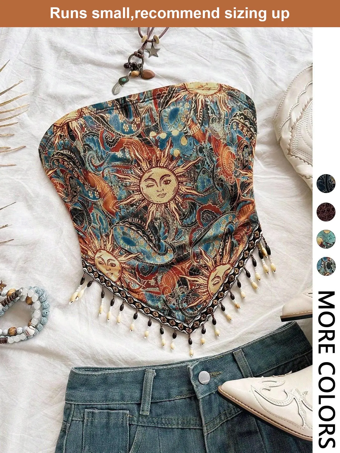 Women's Strapless Bohemian Celestial Sun Paisley Print Tube Top, Boho Handkerchief Hem Beaded Fringe Bandeau Crop Top for Summer Vacation, Festival, Beach Travel, Concert and Casual Outfits, Breathable y2k