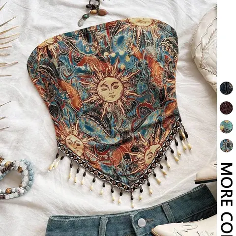 Women's Strapless Bohemian Celestial Sun Paisley Print Tube Top, Boho Handkerchief Hem Beaded Fringe Bandeau Crop Top Piece for Summer Vacation, Festival, Beach Travel, Concert and Casual Outfits y2k