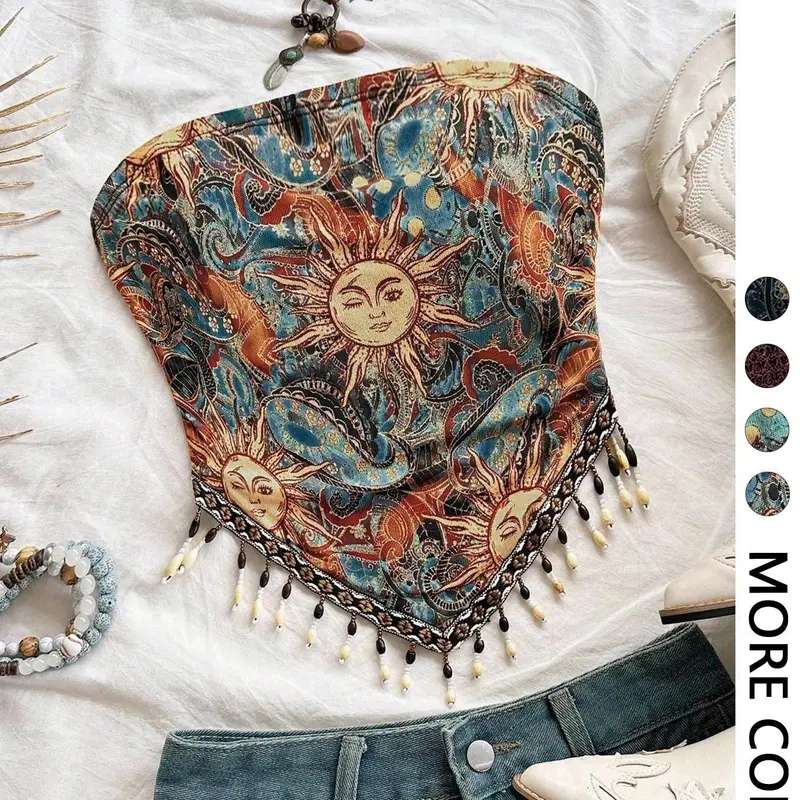 Women's Strapless Bohemian Celestial Sun Paisley Print Tube Top, Boho Handkerchief Hem Beaded Fringe Bandeau Crop Top Piece for Summer Vacation, Festival, Beach Travel, Concert and Casual Outfits y2k