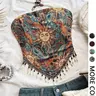 Women's Strapless Bohemian Celestial Sun Paisley Print Tube Top, Boho Handkerchief Hem Beaded Fringe Bandeau Crop Top Piece for Summer Vacation, Festival, Beach Travel, Concert and Casual Outfits y2k