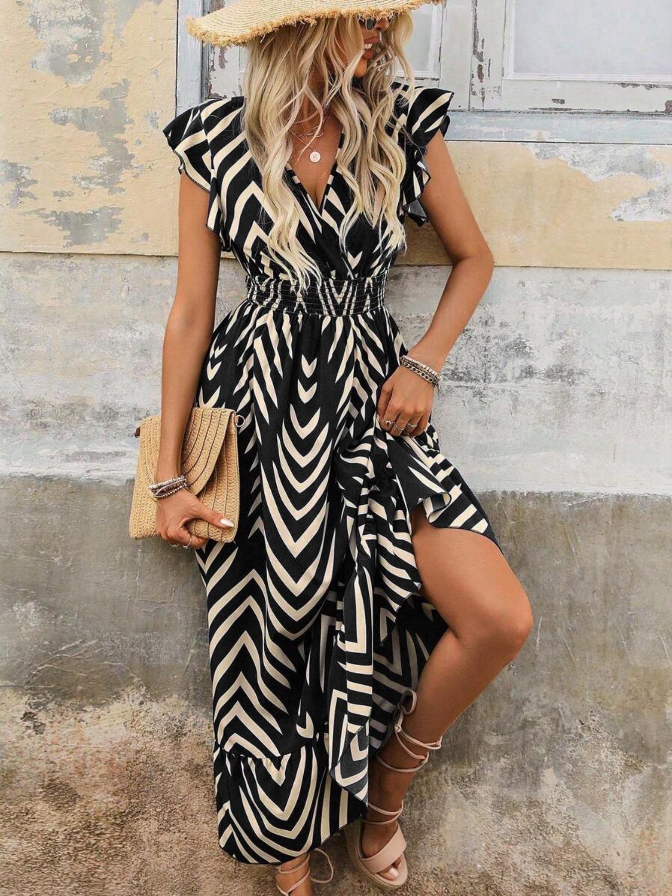 Women's Spring Summer Fashion Floral V Neck Ruffle Waist Slim Boho Dress, Long Cap Sleeve Fitted Wrap Dress for Vacation