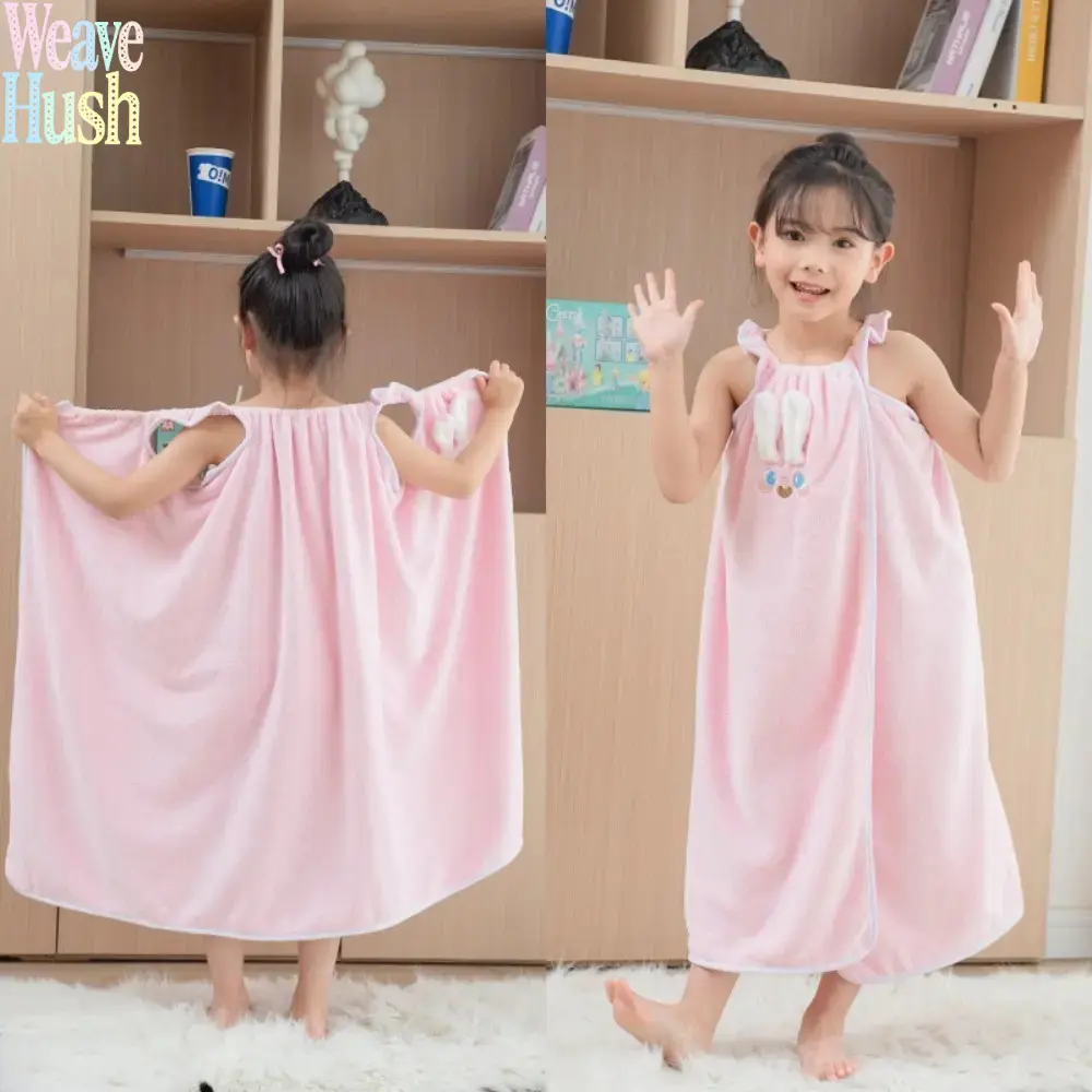 Kids Coral Fleece Wearable Bath Wrap, Cute Bunny Embroidered Sleeveless Towel Dress, Ultra Absorbent Lint-Free Bathrobe for Girls, Perfect for Shower & Pool