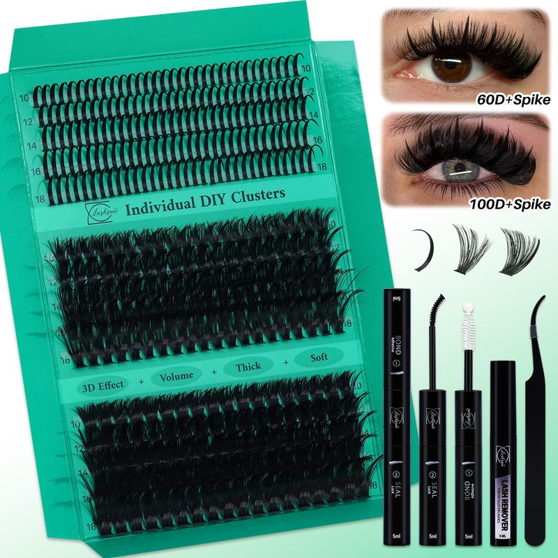 350 PCS Lash Clusters Kit D Curl Spike/60D/100D 3 Styles Mix10-18mm Lashes Kit with Bond&Seal Lash Remover Lash Applicator, Individual Cluster Lash, Perfect for Beginners &Proficient, DIY at Home Easily, Easy Apply for Makeup Daily