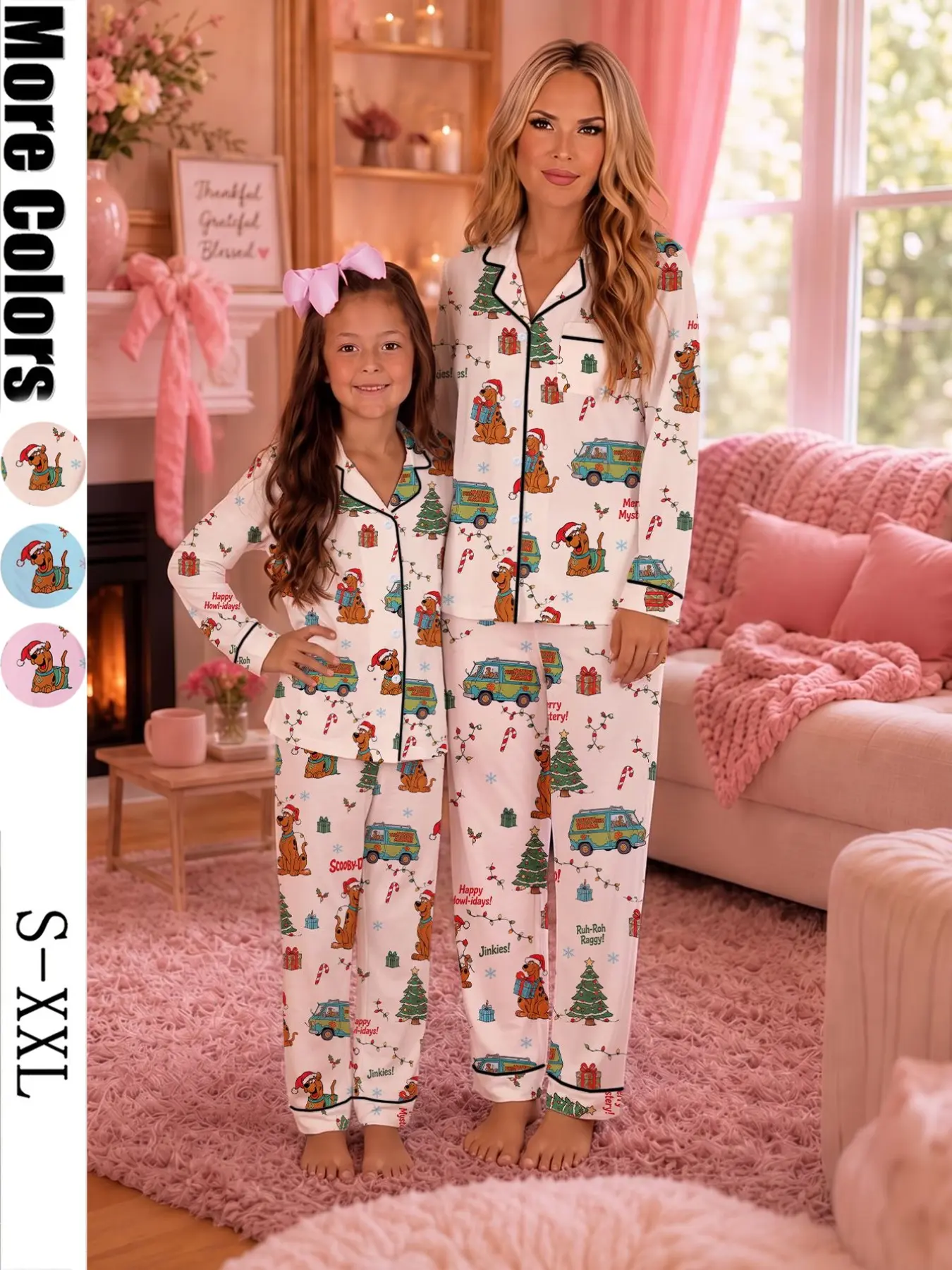Christmas Cartoon Puppy Print Women's Pajama Set, Long Sleeve Button-Up Top and Elastic Pants, Cute Fashion Sleepwear for Holidays