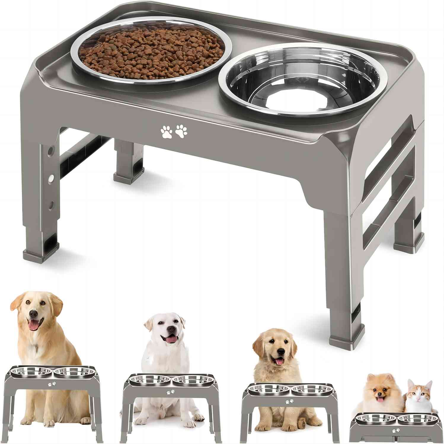 Elevated Dog Bowls, 4 Height Adjustable Raised Dog Bowl Stand with 2 Thick 50oz Stainless Steel Dog Food Bowls Non-Slip Dog Feeder for Large Medium Dogs Adjusts to 3.7", 9.2", 10.75", 12.36" Black, Grey, Light Brownish Gray Elevated Dog Bowls, 4 Height Adjustable Raised Dog Bowl Stand with 2 Thick 50oz Stainless Steel Dog Food Bowls Non-Slip Dog Feeder for Large Medium Dogs Adjusts to 3.7", 9.2", 10.75", 12.36" Black, Grey, Light Brownish Gray