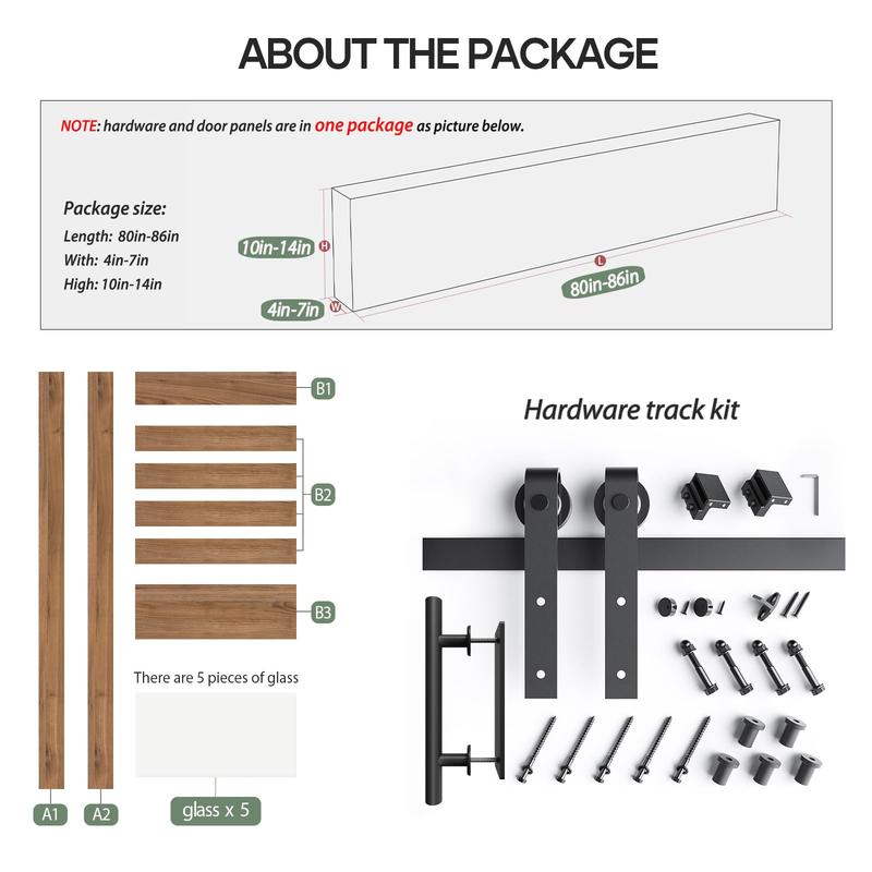 Easelife Sliding Barn Door with Frosted Glass Panels Rustic Wood Finish Black Hardware Kit Easy Installation Modern Home Decor International Warranty Living Space