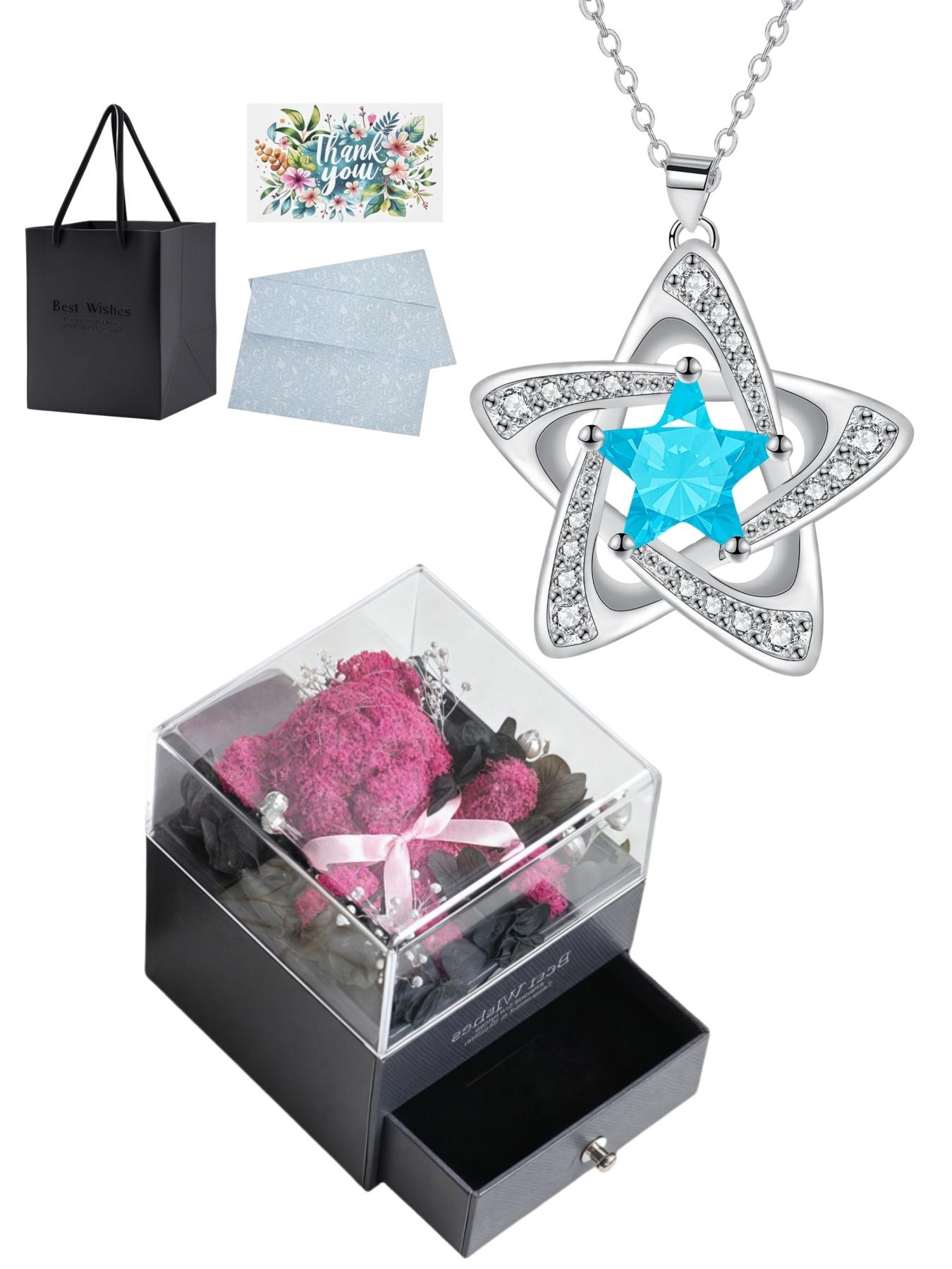 "Blue Diamond Stardust" — Elegant blue pentagram sapphire necklace with preserved rose & eco-friendly moss teddy bear gift box. A perfect mysterious gift for festivals, dates, birthdays for wives or daughters, and Valentine's Day.
